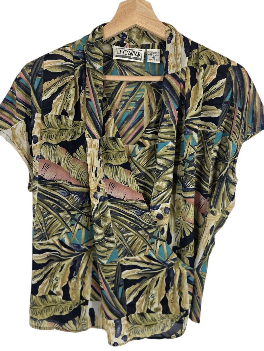 Vintage Le Caviar Tropical Palm Leaf Faux Wrap Blouse Women's M Resort Coastal - Picture 3 of 14